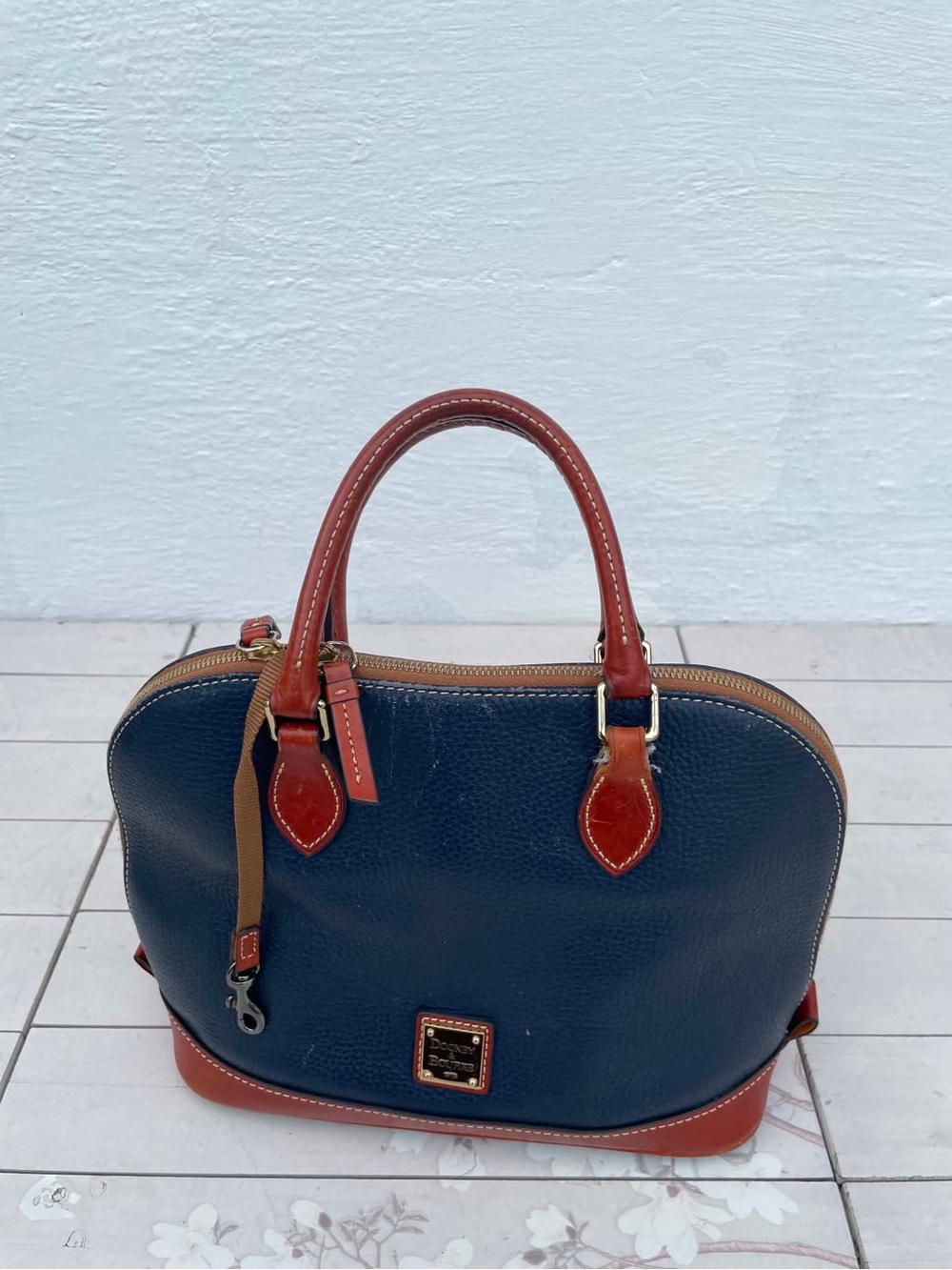 Dooney & Bourke Navy Pebble Leather Satchel with Brown Trim and Strap - Picture 10 of 14